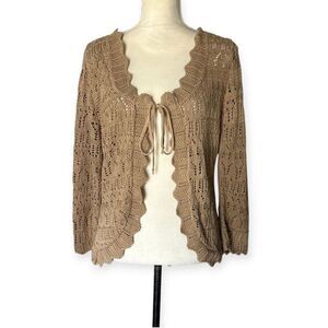 White Stag Vintage Crochet Open Knit Cardigan Tan Size Large Boho Y2K Grandma